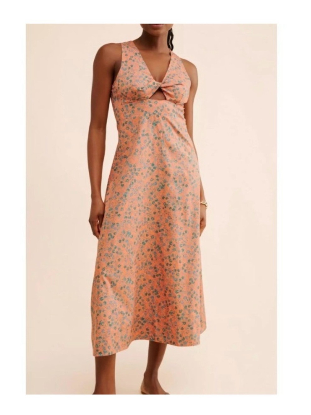 Madewell 100% Cotton Peach Floral Twist-Front Midi Dress